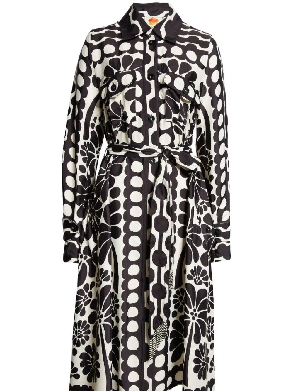 FARM Rio - Palermo Long Sleeve Belted Midi Shirtdress, black & white print, XS